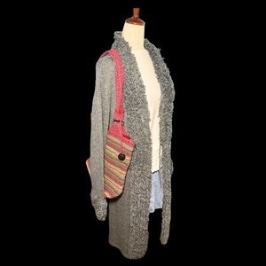 Luxury Vintage 90s Gray Fringe Loop‎ Trim Maxi Cardigan Size XL